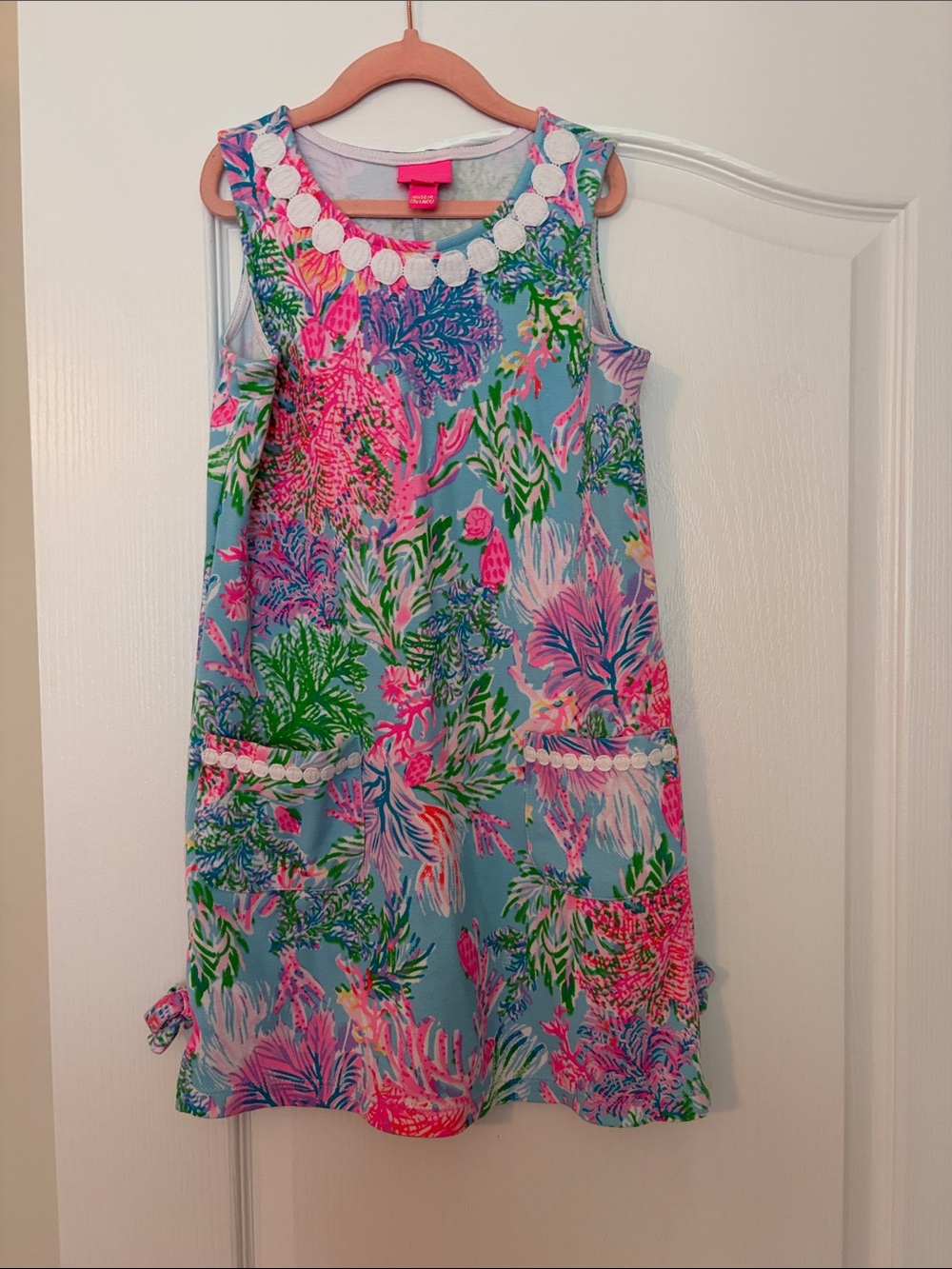 Girls' Tropical Print Sleeveless Dress with Trim - Blue & Pink